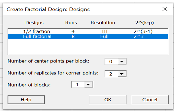 Levels in full factorial method in minitab