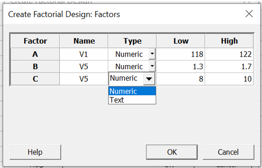 Levels for factors in minitab