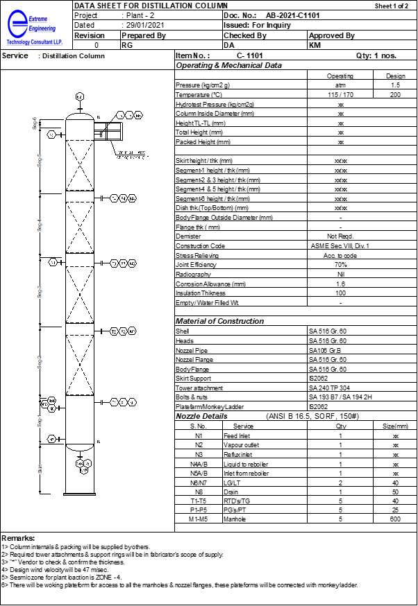 Distillation Column Process Data Sheet