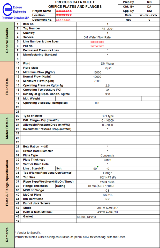 orifice flowmeter process data sheet
