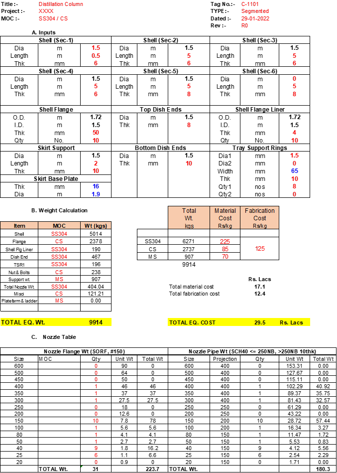 Distillation Column Costing Sheet